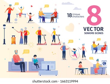 Senior People Activities and Recreation Trendy Flat Vector Scenes Set. Elderly Man and Woman, Happy Grandparents Going on Travel, Riding Scooter, Resting with Friends and Grandchild Illustrations