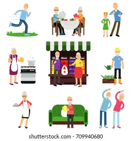 Senior people activities set, elderly man and woman lifestyle colorful vector Illustrations