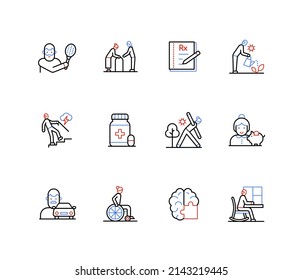 Senior people activity - line design style icons with editable stroke. Nursing home, volunteering, gardening, pills for the sick, sports, retirement savings. Healthcare and hobbies for eldrerly