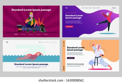 Senior people activity set. Man and woman camping, ice skating, swimming, martial arts. Flat vector illustrations. Age, active lifestyle concept for banner, website design or landing web page