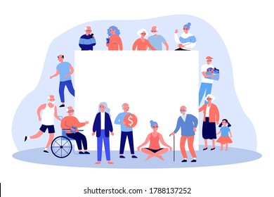 Personas mayores con pancartas en blanco. Multitud de hombres y mujeres de pelo gris, vieja pareja ilustración vectorial plana. Jubilación, concepto de edad avanzada para banner, diseño del sitio web o página web de aterrizaje