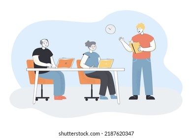 Senior people attending computer lesson flat vector illustration. Man teaching elderly man and woman how to use laptop. Education, retirement concept for banner, website design or landing web page