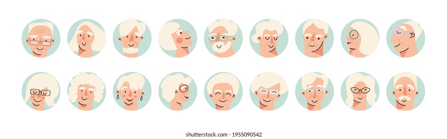 Senior People Avatar Big Bundle Set. Older User Pic, Different Human Mature Face Icons. Collection Of Grandparent Avatars Isolated. Bundle Of Joyful Smiling Pensioners. Isolated On White Background