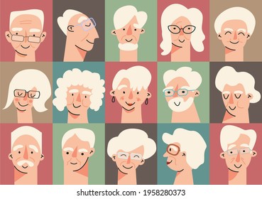 Senior people avatar big bundle set. Older user pic, different human mature face icons. Collection of grandparent avatars isolated. Bundle of joyful smiling pensioners. Isolated on white background