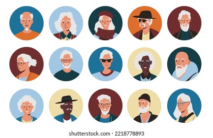 Senior people avatars. Cartoon older characters round icons, happy aged men women faces, pensioner portraits for social media. Vector isolated set. Female and male smiling pensioners