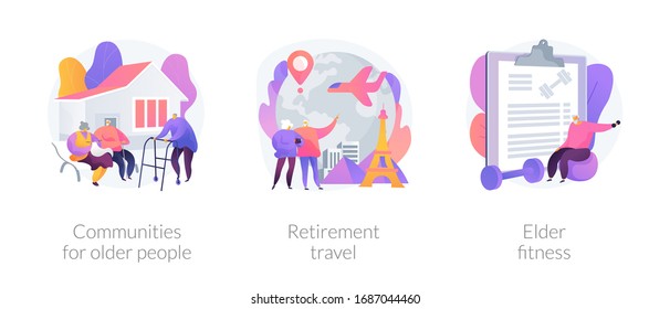 Senior people care metaphors. Communities for pensioners, retirement travel, elderly fitness. Old people support services. Nursery home. Vector isolated concept metaphor illustrations.