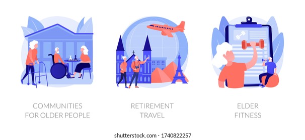 Senior people care metaphors. Communities for pensioners, retirement travel, elderly fitness. Old people support services. Nursery home. Vector isolated concept metaphor illustrations.