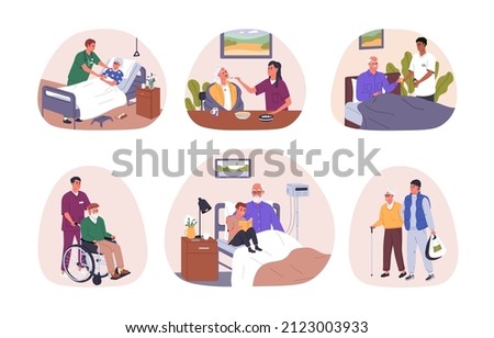 Senior people care and support concept. Nurses, caregivers help old at home, in hospital. Volunteers assist elderly aged men and women. Flat graphic vector illustrations isolated on white background