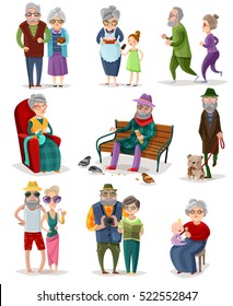 Senior people cartoon set of different activities and hobbies at retirement isolated vector illustration 