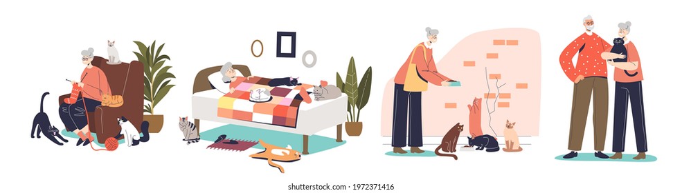 Senior people with cats: happy granny and grandfather holding cute pets. Retirement lifestyle and caring older pensioners concept. Cartoon flat vector illustration