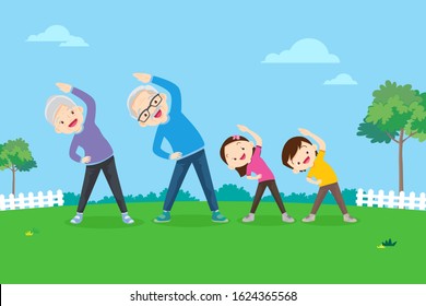 Senior people and children.Elderly and kids doing exercises. Grandparents and Grandchild play Sport.Family healthy