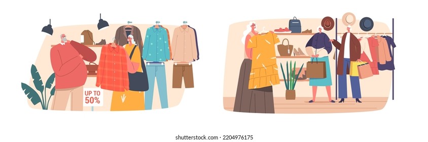 Senior People Choosing Fashioned Dress in Store, Aged Man and Woman Buying Garment Standing near Hanger with Clothes. Old Couple Characters Shopping Spare Time, Hobby. Cartoon Vector Illustration