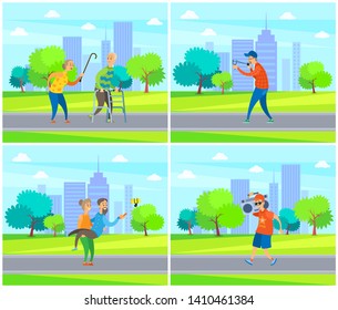 Senior people in city park vector, weekends of grandmother and grandfather with slingshot, woman and man taking selfie on nature, music box on shoulder