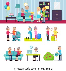 Senior people collection in recreational activities and different situations in flat style vector illustration