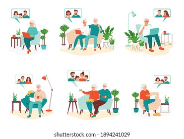 Senior people communicate with families via video calls. Concept remote family meetings with elderly. Grandma, grandpa, children, parents talk using a laptop, phone, tablet. Set of vector illustration