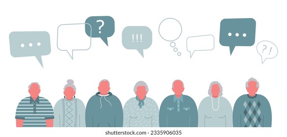 Senior people community. Communication of elderly men and elderly women. People icons with speech bubbles. Vector illustration.