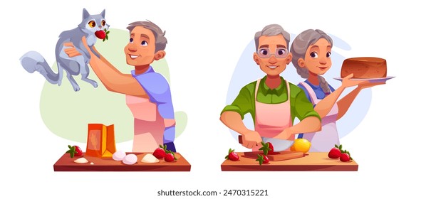 Personas mayores cocinando escenas de pastelería aisladas sobre fondo blanco. Ilustración de dibujos animados de Vector de hombre jugando con mascota gato en la cocina, pareja de ancianos haciendo pastel de fresa juntos, hobby de jubilación