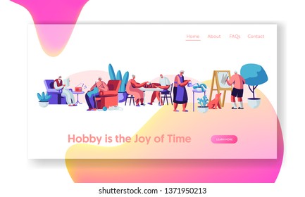 Senior People Creative Hobby. Elderly Characters Spending Time in Nursing Home Listening Music, Painting, Playing Chess, Knit. Website Landing Page, Web Page. Cartoon Flat Vector Illustration, Banner