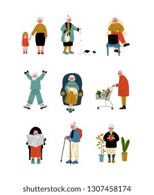 Senior People Daily Activity Set, Elderly Men and Women Reading, Traveling, Shopping, Doing Sports, Caring Plants Vector Illustration