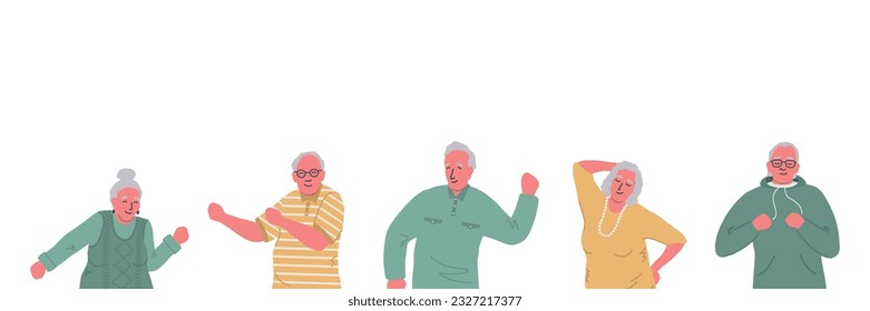 Los ancianos bailan. Alegres personas mayores. Los ancianos y las ancianas se divierten y bailan. Personas activas positivas. Ilustración del vector