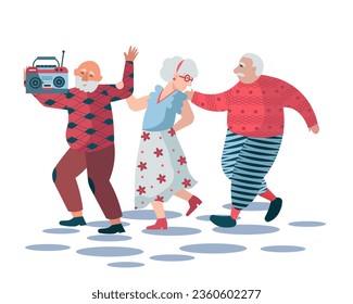 Senior people dancing together. Old man holding record player and spending time with friends. Recreation and active life for seniors. Flat vector illustration in yellow and orange colors