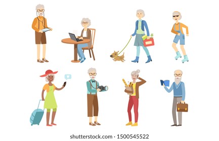 Senior People Different Activities and Hobbies Set, Healthy and Active Lifestyle of Elderly Men and Woman Vector Illustration