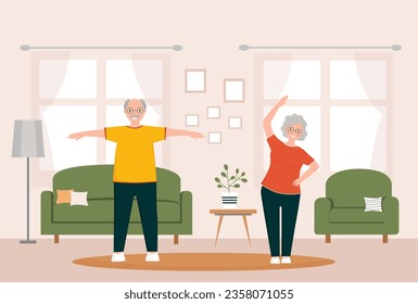 Senior people do gymnastics at home. Elderly couple. Grandparents doing exercises. Sport at home. Morning exercises.Old people doing exercises. Vector illustration in flat style.