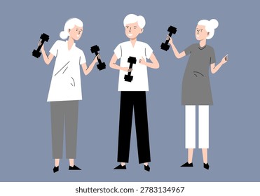 Senior people doing exercises. National Senior Health and Fitness Day. Happy senior couple exercising with dumbbells vector. Elderly people doing 