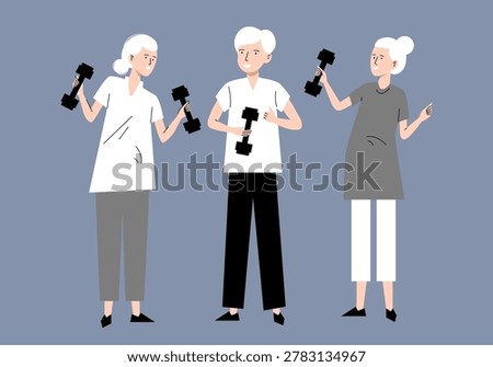 Senior people doing exercises. National Senior Health and Fitness Day. Happy senior couple exercising with dumbbells vector. Elderly people doing 