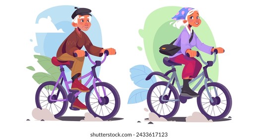 Senior people doing sport or travel on bicycle. Cartoon vector set of happy smiling elder man and woman riding bike outdoor. Old person cycling for active lifestyle and healthcare after retirement.