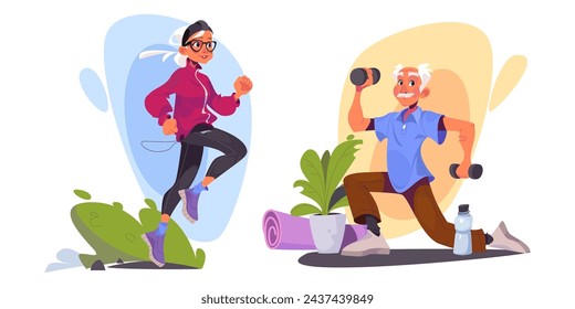 Senior people doing sports. Cartoon vector illustration set of elderly woman jogging outside and man doing exercises with weights at home. Active and healthy lifestyle and care of grandparent.