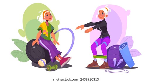 Senior people doing sports at home or in gym. Cartoon vector illustration set of elderly woman doing exercises with fitness ball and resistance band. Old lady active and healthy lifestyle and care.