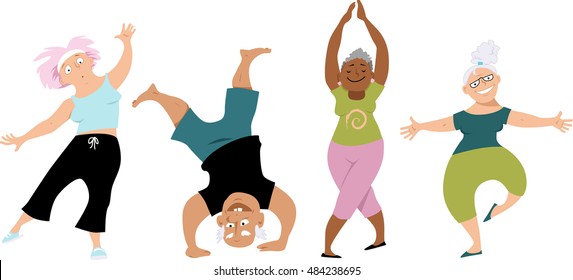 Senior people doing yoga, EPS 8 vector cartoon characters, isolated on white