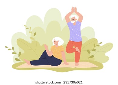 Senior people doing yoga outdoor vector illustration. Happy man and woman meditating in park or garden, enjoying time at nature. Summer, senior lifestyle, nature, comfort concept