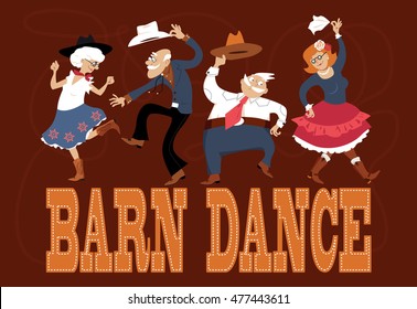 Senior people dressed in traditional western costumes dancing at a barn dance, EPS 8 vector illustration, no transparencies