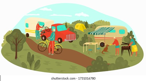 Senior people, eldery couples travel in nature, fun leisure and sport activity life style for grandmother and grandfather flat vector illustration. Elderly couple traveling, on picnic, bycicling.