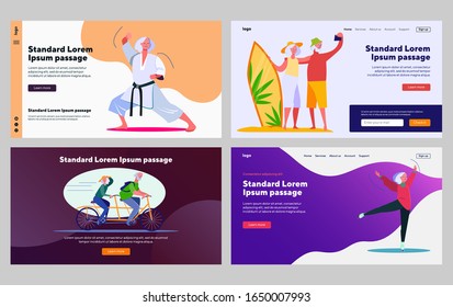 Senior people enjoying activities set. Martial arts, surfing, riding bike, ice skating. Flat vector illustrations. Retired couple, lifestyle concept for banner, website design or landing web page