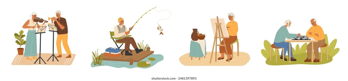 Senior people enjoying hobby recreation activity vector illustration