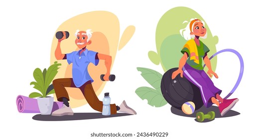 Senior people exercising isolated on background. Vector cartoon illustration of old man doing sport with dumbbells at home, elderly woman sitting on fitball in gym, healthy lifestyle at retirement age