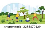 Senior People Exercising Outdoors Doing Yoga for Healthy Body, Flexibility and Wellness. Elderly Characters Training, Exercising at City Park. Pensioners Morning Workout. Healthy Sports Activities