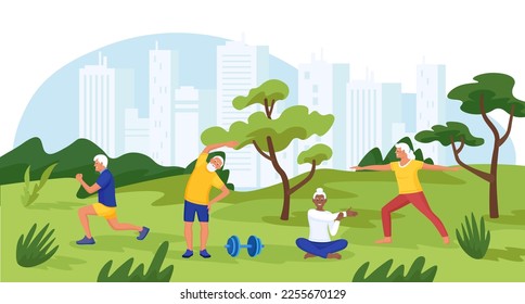 Senior People Exercising Outdoors Doing Yoga for Healthy Body, Flexibility and Wellness. Elderly Characters Training, Exercising at City Park. Pensioners Morning Workout. Healthy Sports Activities