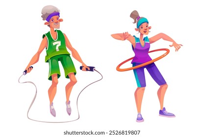 Senior people exercising set isolated on white background. Vector cartoon illustration of elderly man jumping with skipping rope, woman doing hula hoop exercise, active retirement, healthy lifestyle