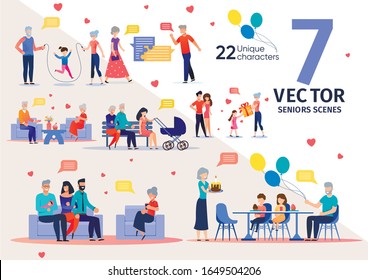 Senior People Family Support and Relationships Trendy Flat Vector Scenes Set. Elderly Man and Woman, Happy Grandparents Couple Playing with Child, Resting at Home, Celebrating Birthday Illustrations