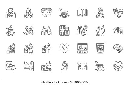 Senior people flat line icons set. Old man and woman exercising, active grandparents, wheelchair, alzheimer nursing home doctor vector illustrations. Outline signs for elder citizens infographic.