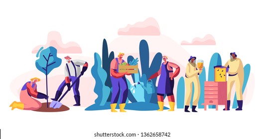 Senior People Gardening and Beekeeping Hobby. Aged Male and Female Characters Planting Tree, Harvesting, Caring of Bees. Active Lifestyle of Retired Men and Women. Cartoon Flat Vector Illustration