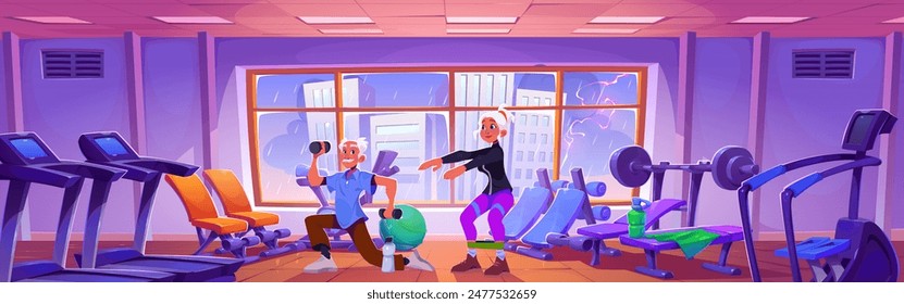 Los mayores practican deporte en el gimnasio. Vector de dibujos animados mujer mayor sentadilla y hombre haciendo ejercicio con mancuernas en el gimnasio. Los abuelos durante el entrenamiento para un estilo de vida activo saludable y entrenamiento.