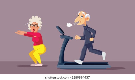 
Senior People Going to the Gym to Keep Active Vector Illustration. Elderly couple exercising together feeling exhausted and tried 
