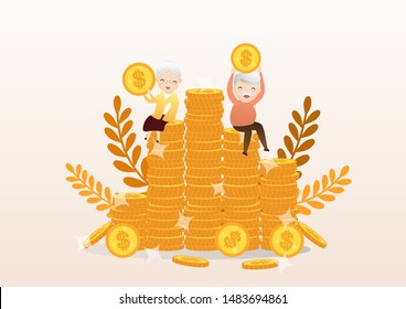 Senior People With Golden Piggy Bank. Carrying Retirement Savings Pink Piggy. Saving Money For The Future. Vector, Illustration.