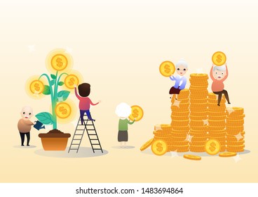 Senior people with golden piggy bank. Carrying retirement savings pink piggy. Saving money for the future. vector, illustration.