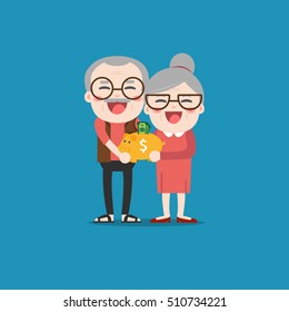 Senior people with golden piggy bank, Pension